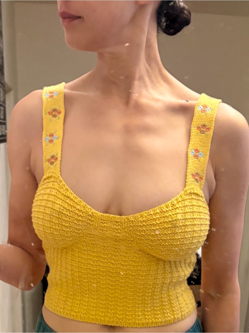 Zara Yellow Cropped Knit Tank Top with Floral Straps, Size Small